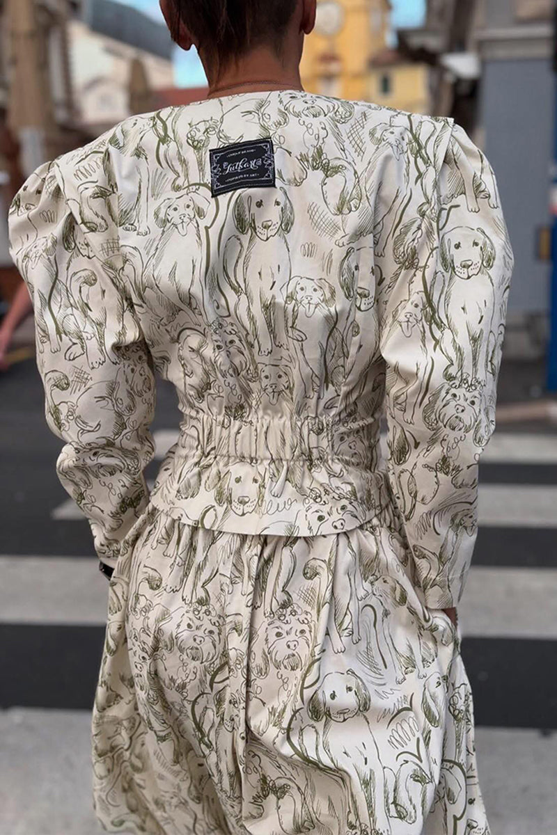 Women's Fashion Pattern Print Leg of Mutton Sleeve Jacket or Loose Pants