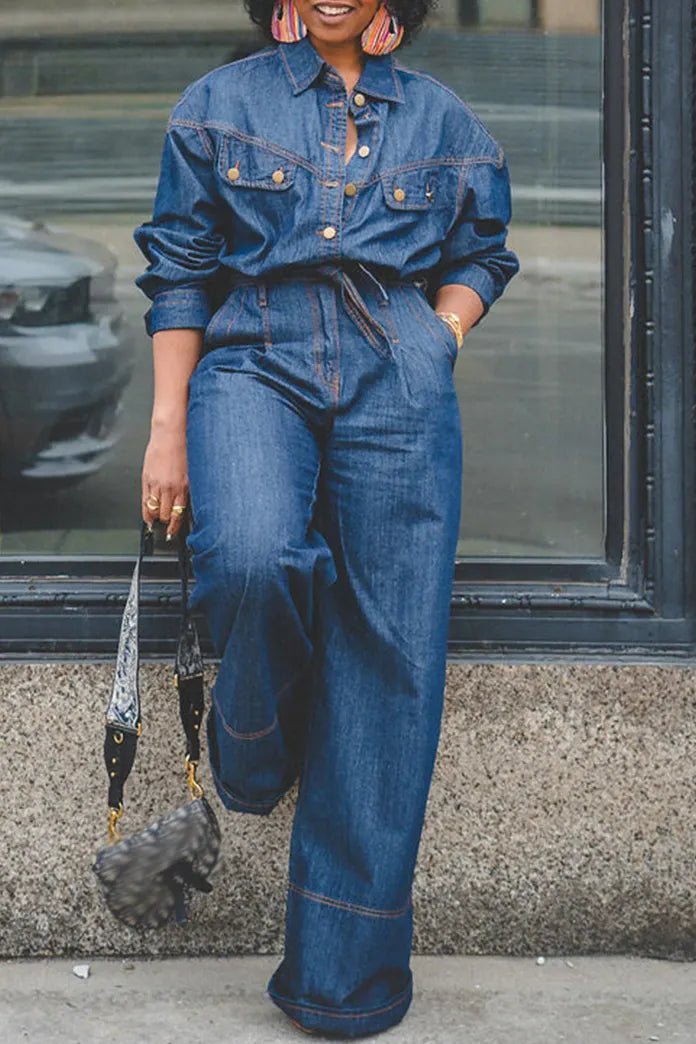 Women's Casual Versatile Loose Button Front Denim Jumpsuit