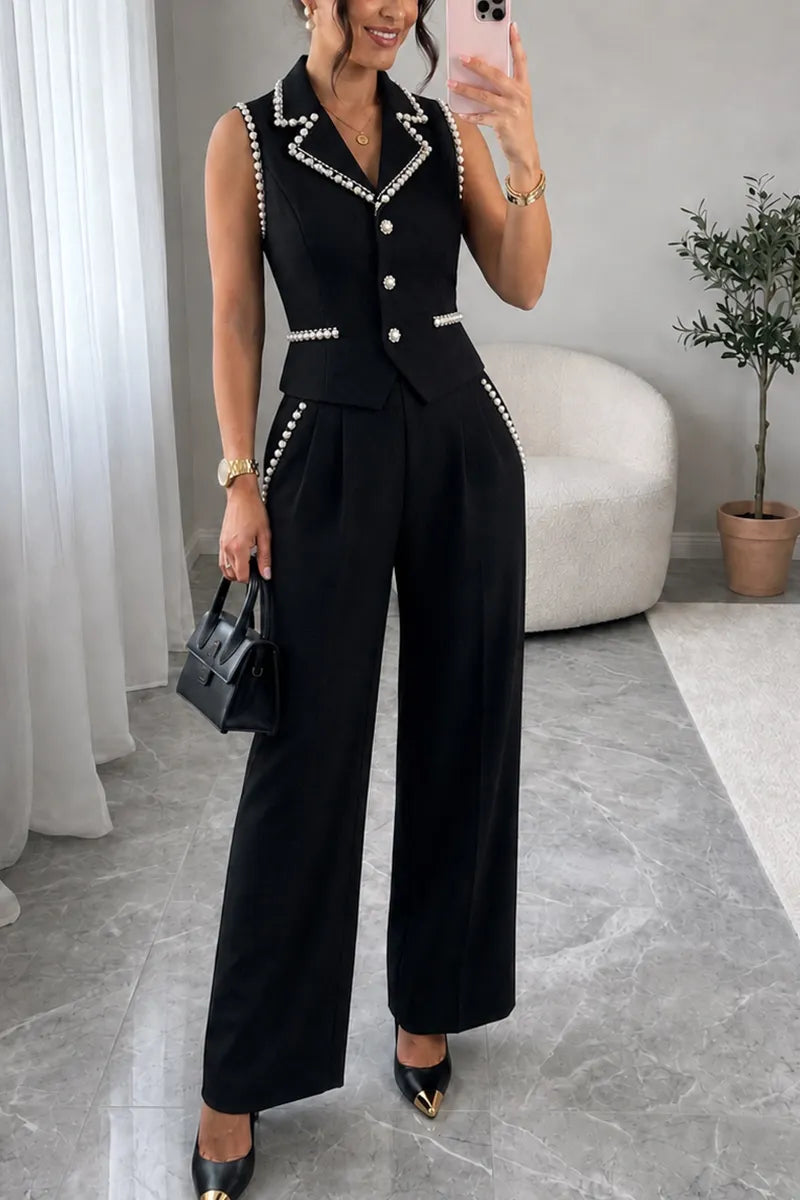 Women's Slim-Fit V-Neck Solid Black Pearl-Embellished Suit Set