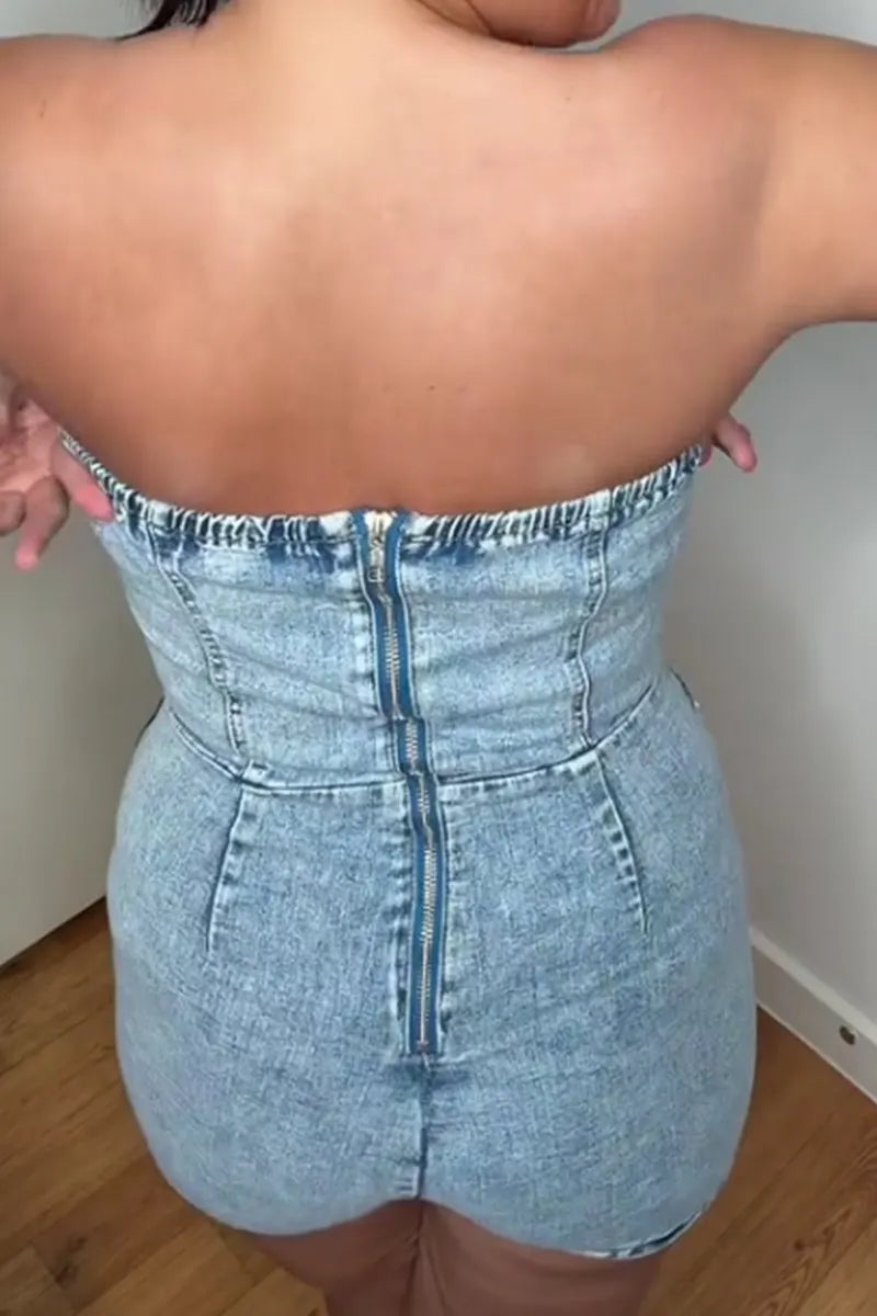 Women's Casual Short Denim Romper With Asymmetrical Design