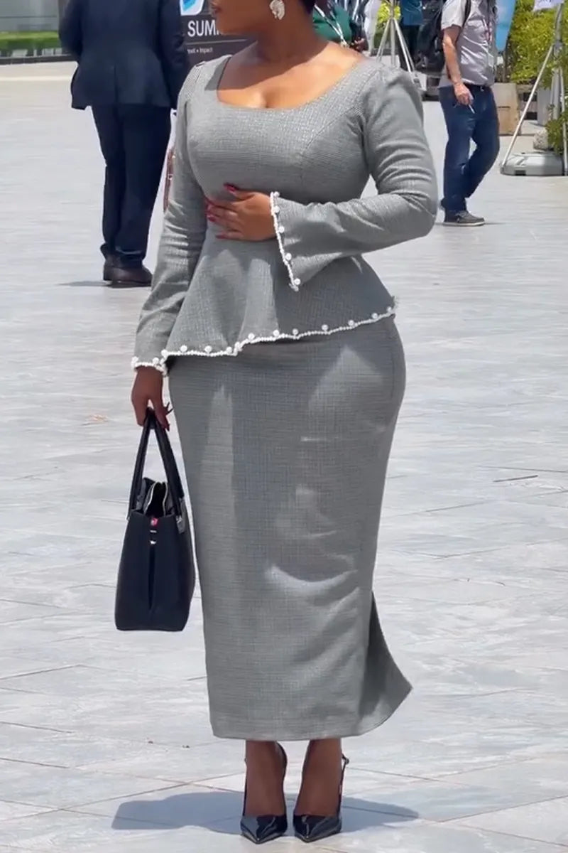 Women Square Collar Long Sleeved Irregular Top + Half Skirt Temperament Casual Formal Suit