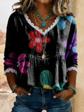 Women's Vintage Floral Print Casual Hollow-out Denim Shirt