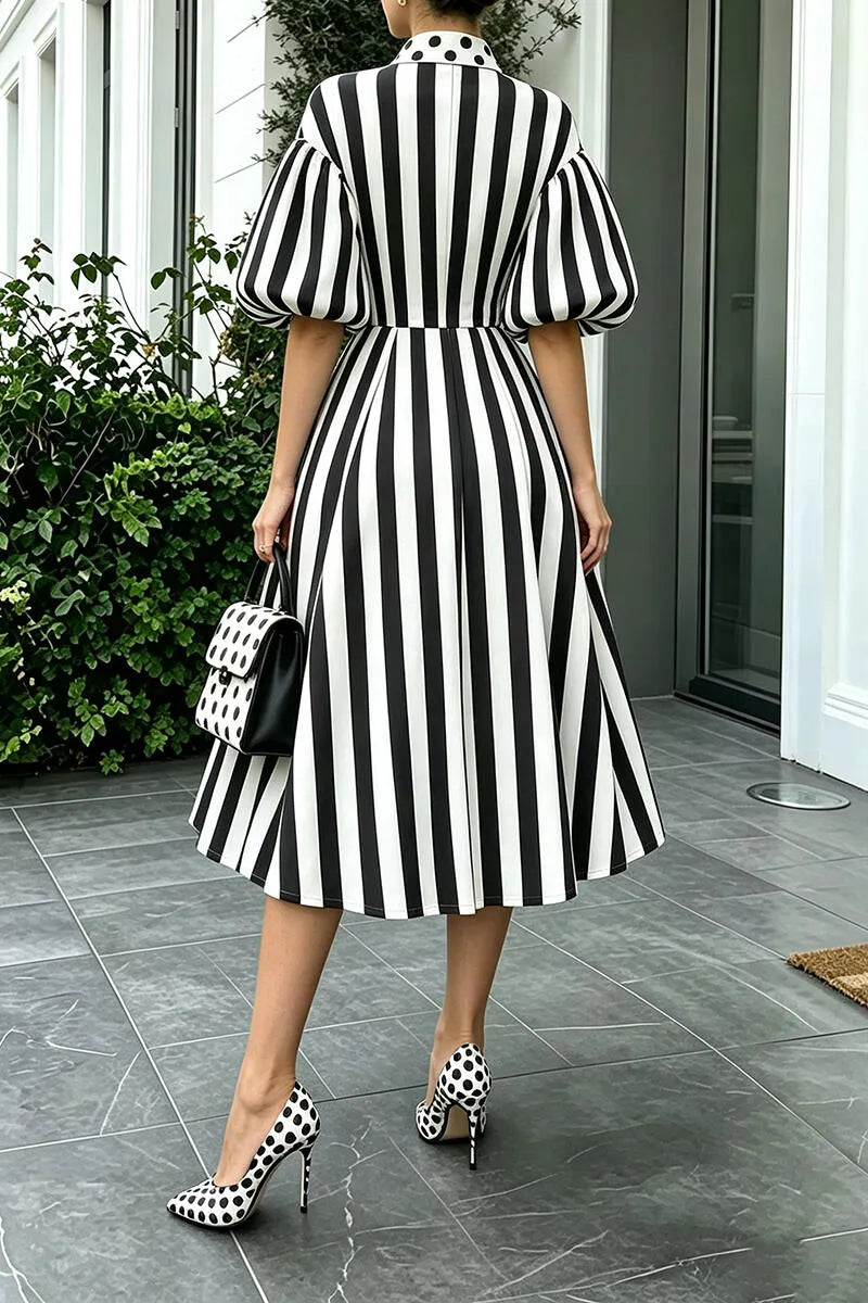 Women's Round Neck Patchwork Vertical Stripe Elegant Temperament Dress
