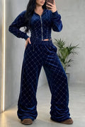 Women's Elegant Lace Up Hooded Velvet Diamond Quilted Navy Blue Hoodie or Pants