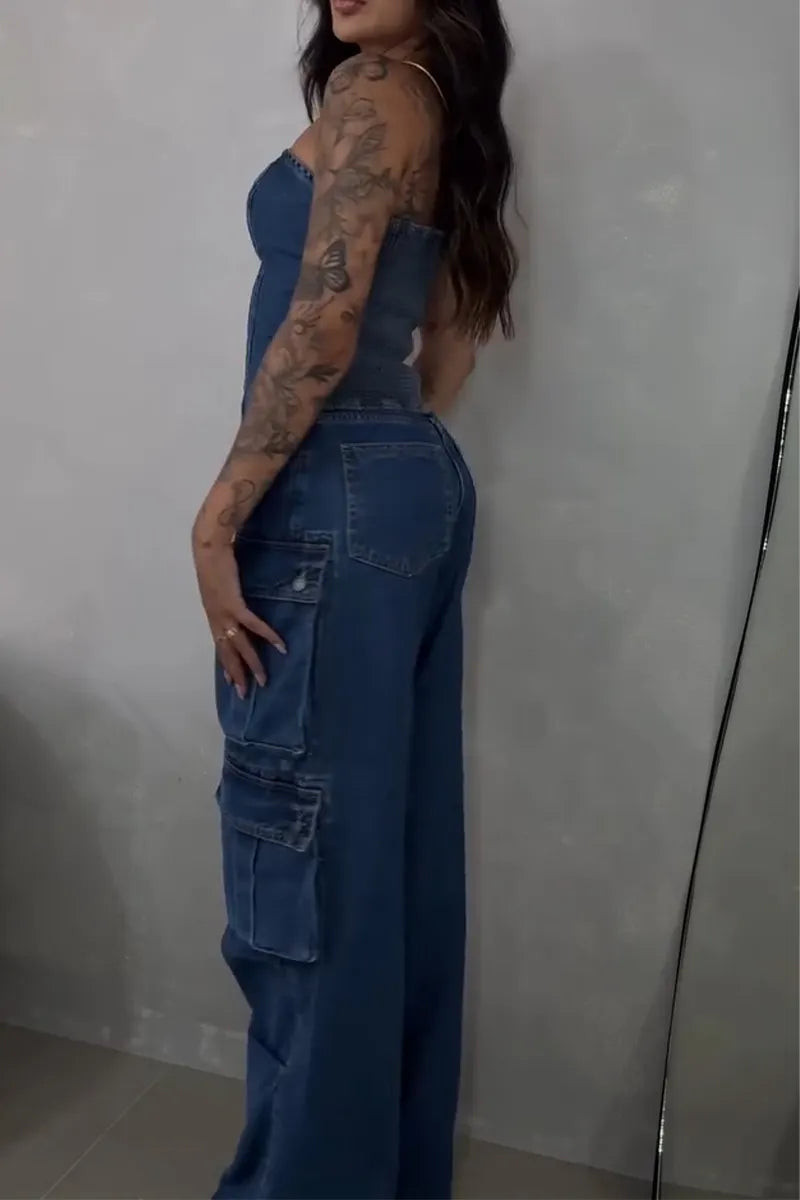 Women's Strapless Patchwork Irregular Denim Top + Patchwork Multi Pocket Jeans