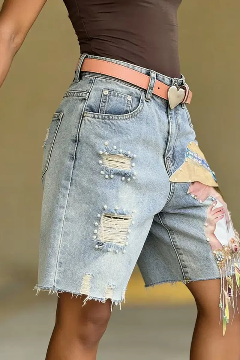 Women Light Blue Washed High Waist Pearl Embellished Ripped Portrait Feather Tassel Denim Bermuda Shorts