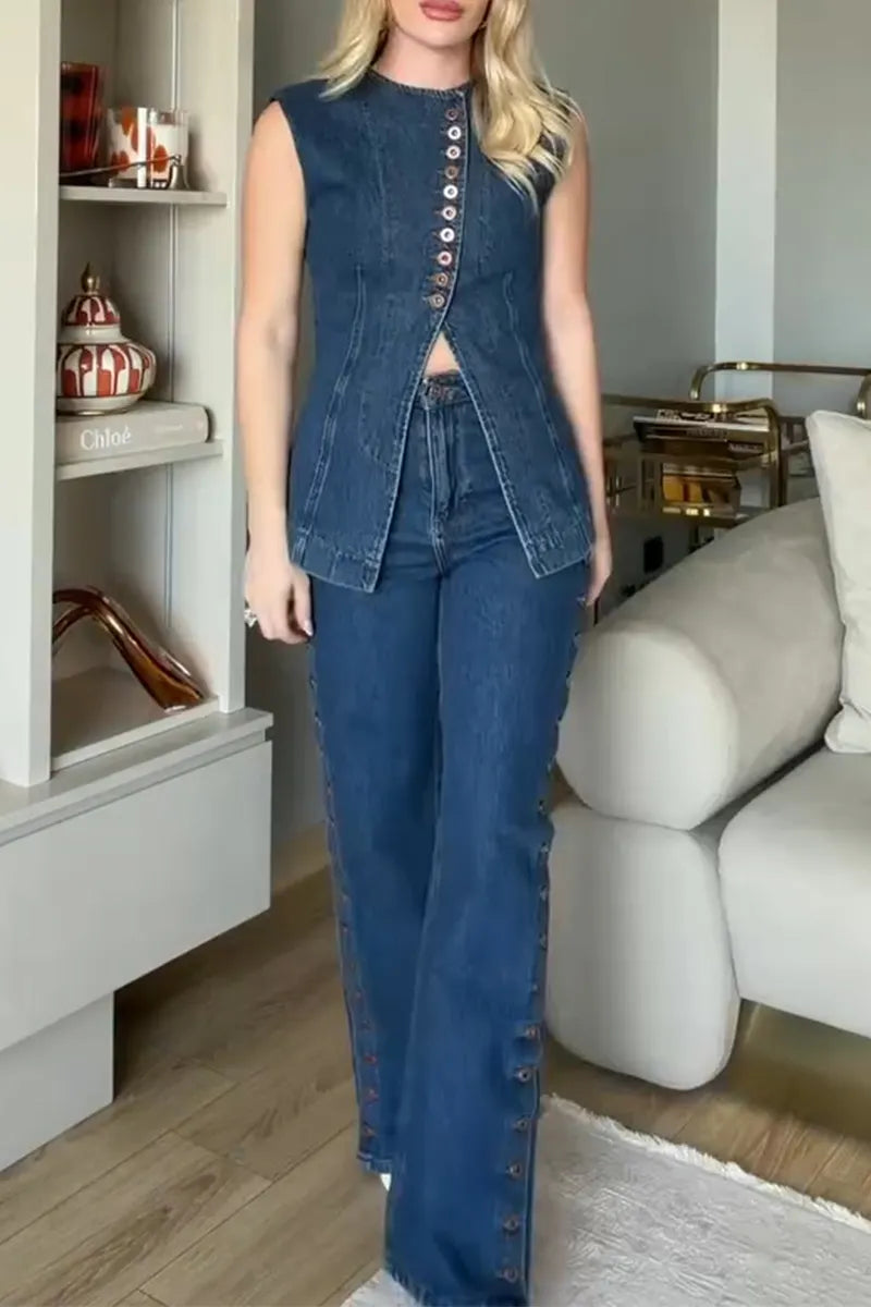 Women Casual Round Neck Spliced Buckle Split Denim Top or Jeans