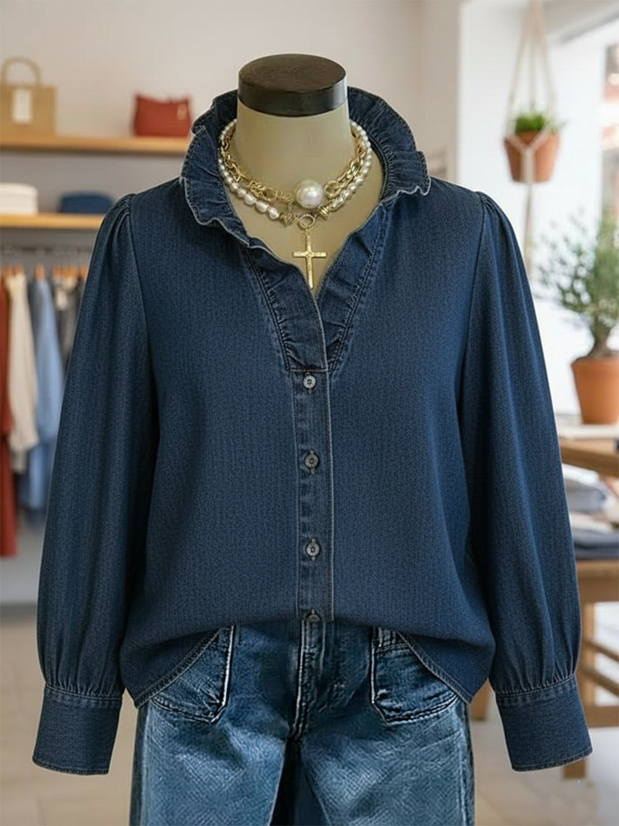 Romantic Ruffled Collar Denim Shirt