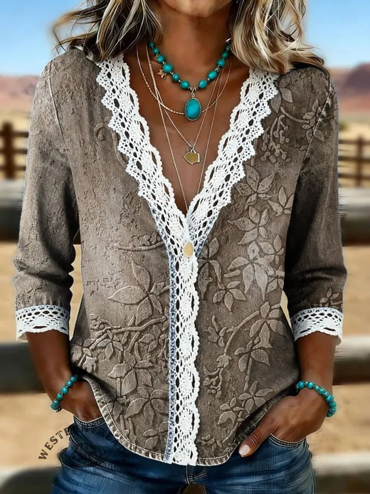 Women's Vintage Floral Print Casual Hollow-Out Denim Shirt