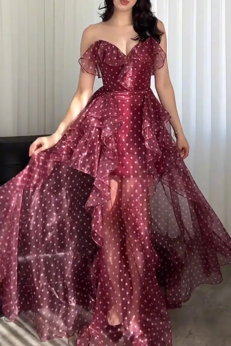 Women's Elegant Strapless Ruffle Decoration Mesh Polka Dot Maxi Dress