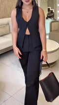 Womens V-neck Back Hollow Top + Pants Casual Suit
