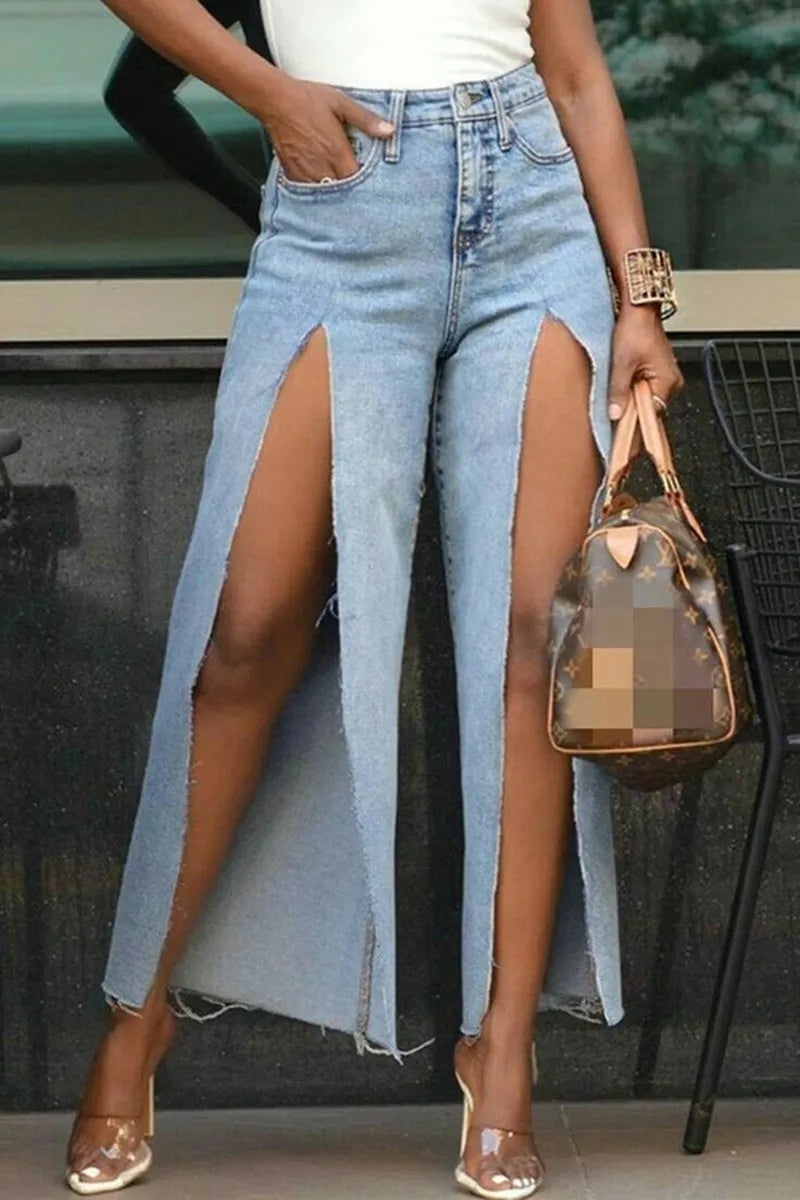Women High Waist Double Front Thigh High Slit Raw Frayed Hem Wide Leg Light Wash Denim Jeans