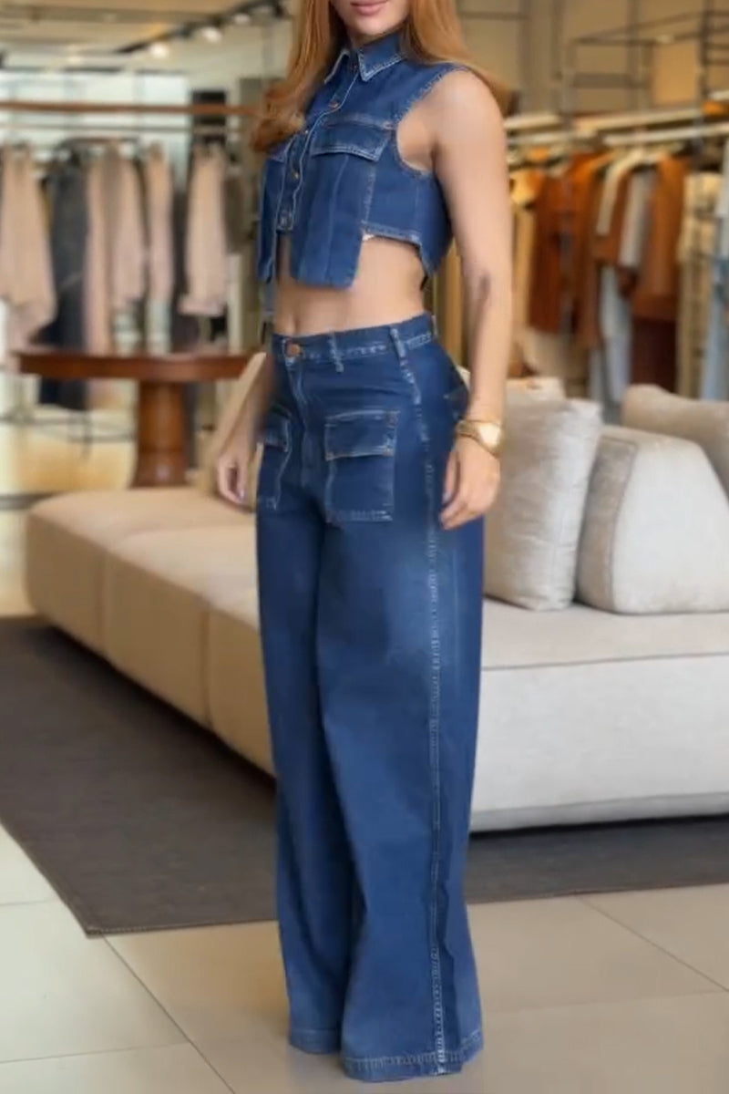 Women's Casual Pocket Decoration Short Denim Top or Wide Leg Jeans