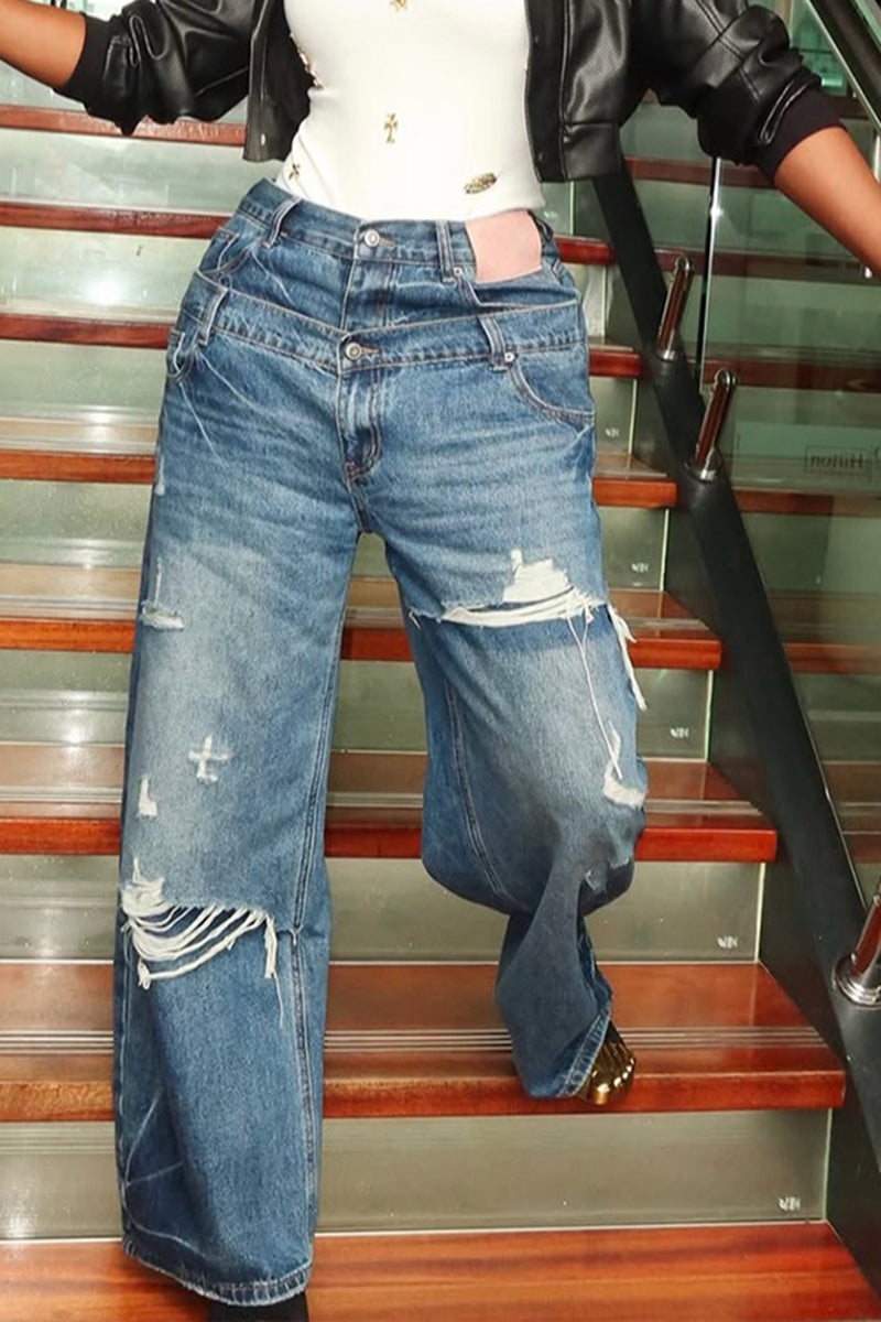 Women's Fashion Layered Faux Two-Piece Wide Leg Jeans