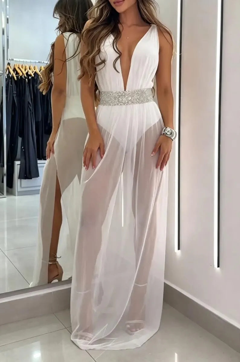 Women's Deep V-neck See Through Dress+ Half Skirt Elegant Temperament Set