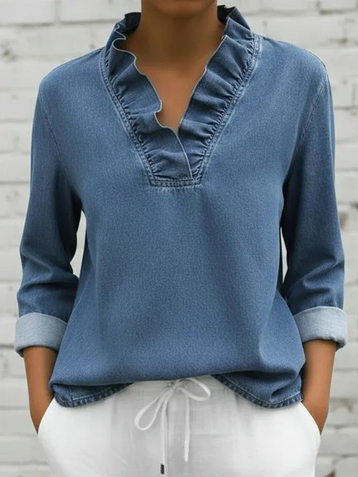 Retro Romantic Ruffled V-neck Denim Shirt