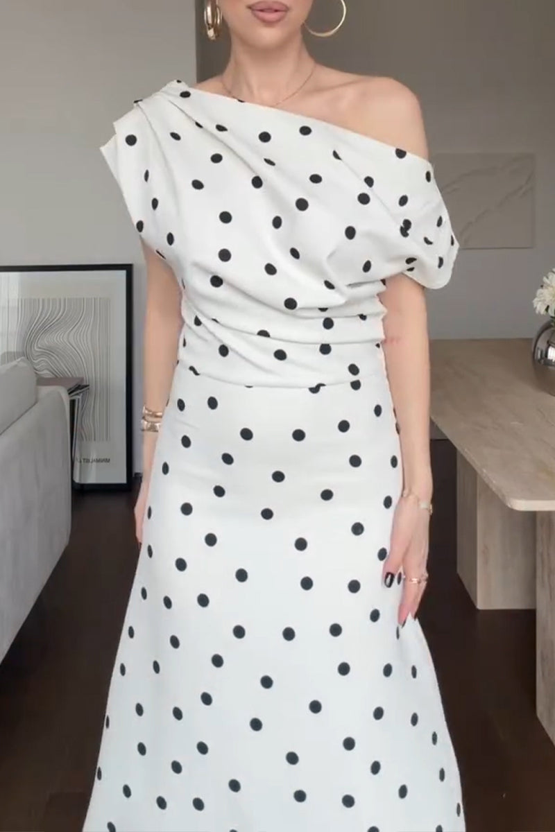 Women's Urban Commuter Asymmetric Neckline Polka Dot Midi Dress