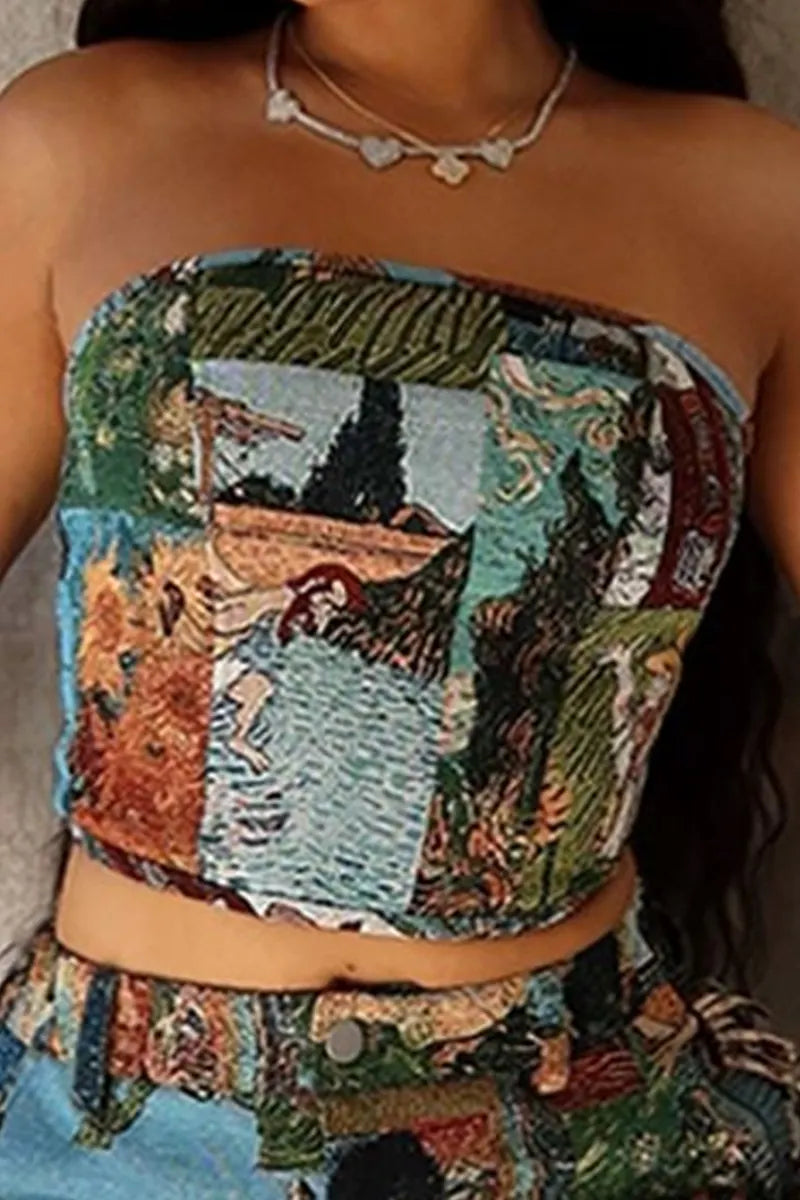 Women's Sexy Casual Strapless Printed Denim Top Or Printed Denim Pencil Skirt