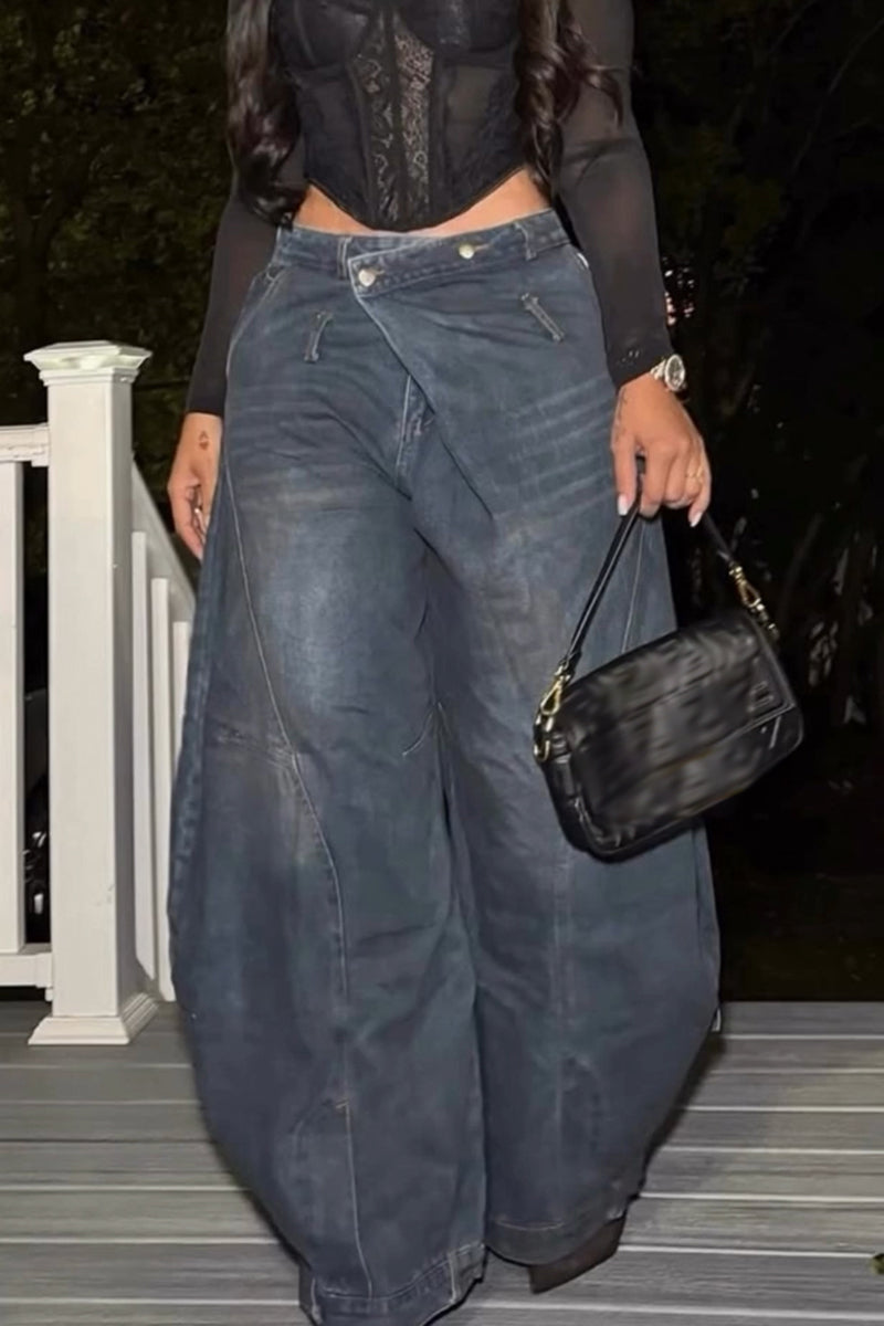 Women's Fashion Asymmetric Waistband Wide Leg Jeans