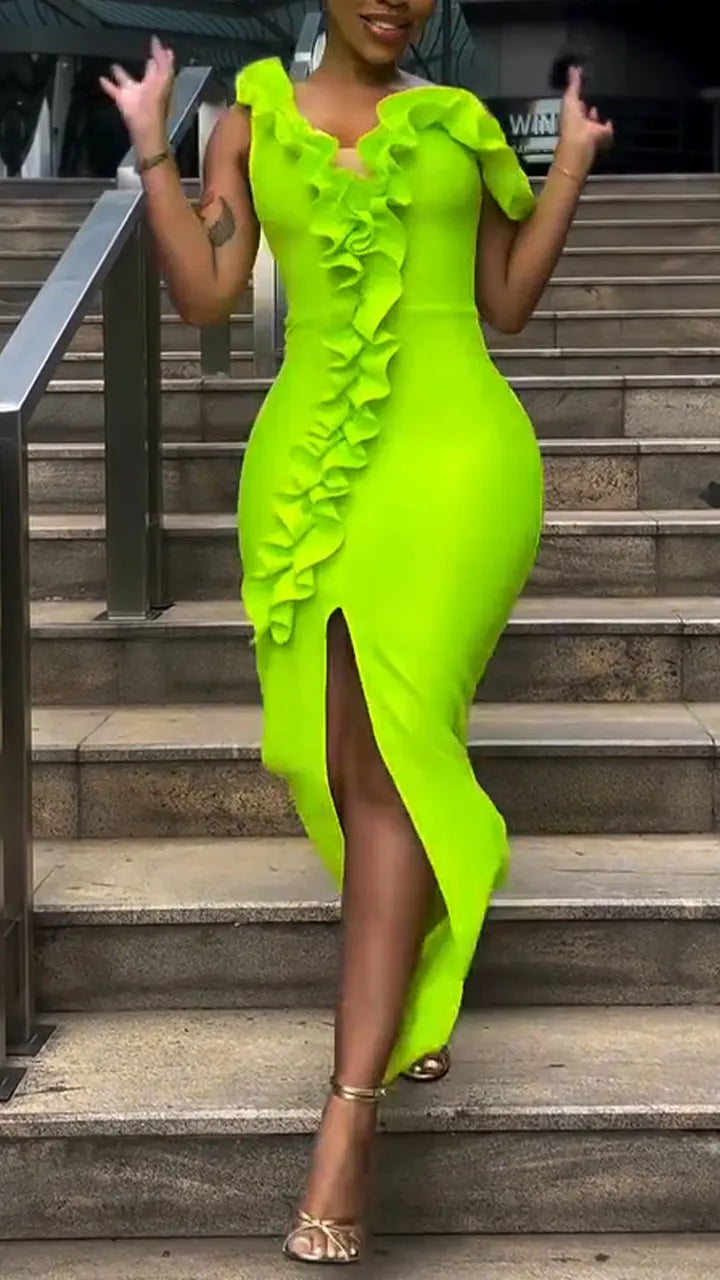 Women Off-shoulder Ruffled Fitted Slit Bodycon Dress with Elegant and Sophisticated Style