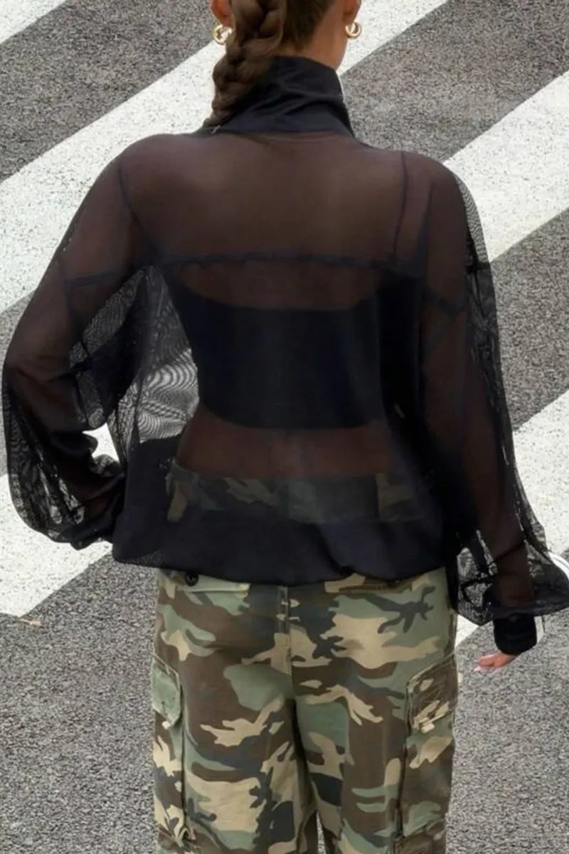 Women's Fashion Mesh Sheer Frog Button Trim Jacket