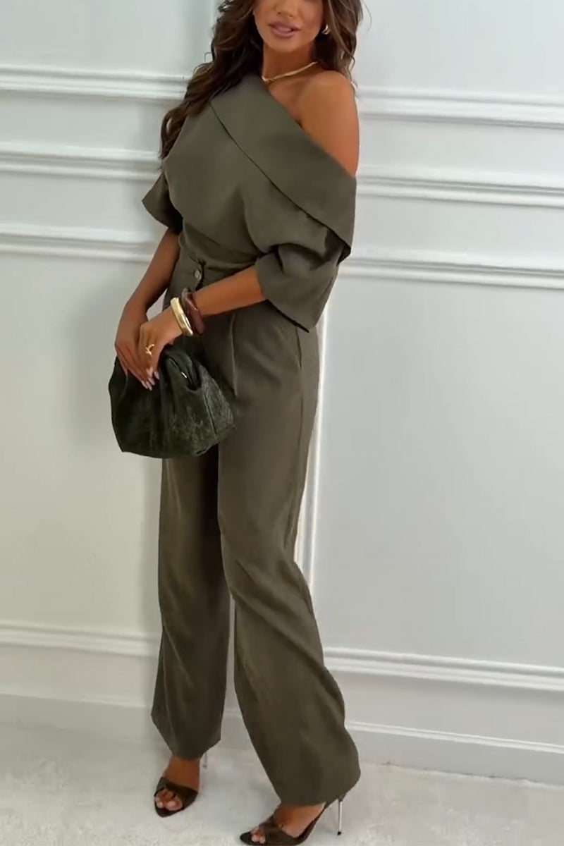 Women's Diagonal Collar Top+ Pants Casual Suit with Temperament