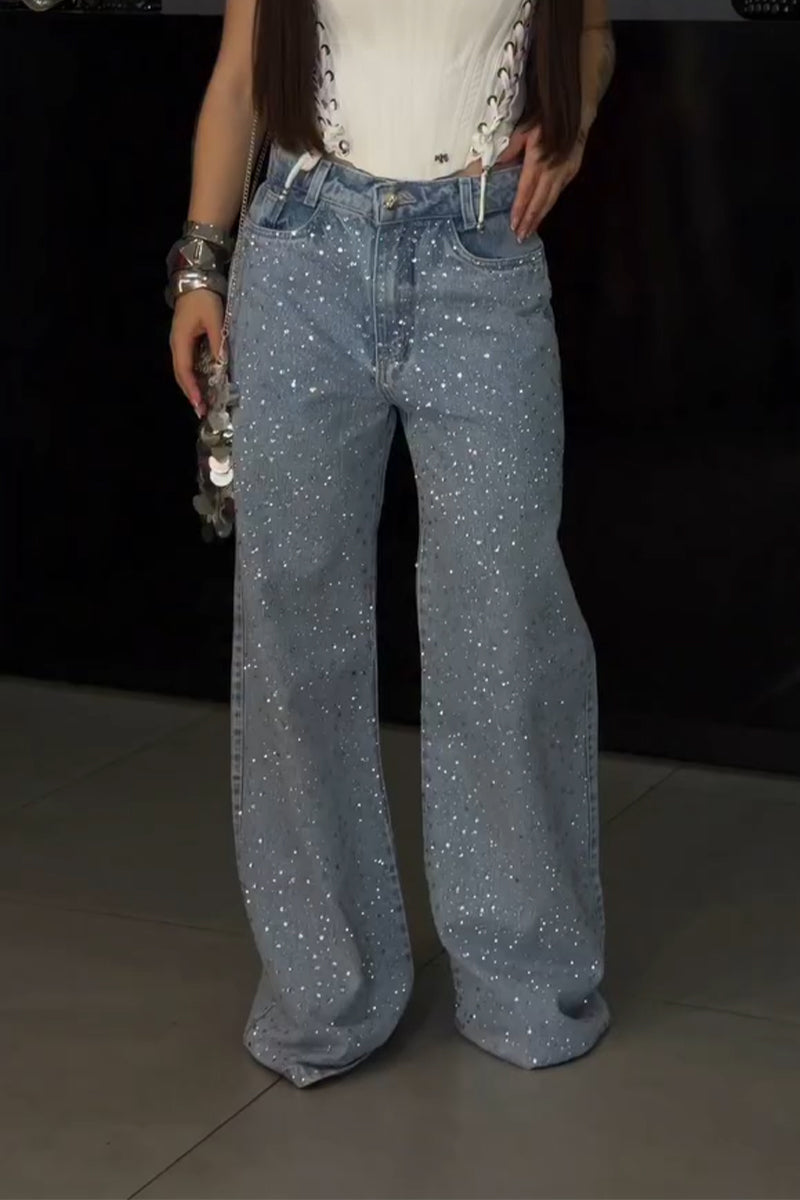 Women's Hot Stamping Rhinestone Casual Wide Leg Jeans