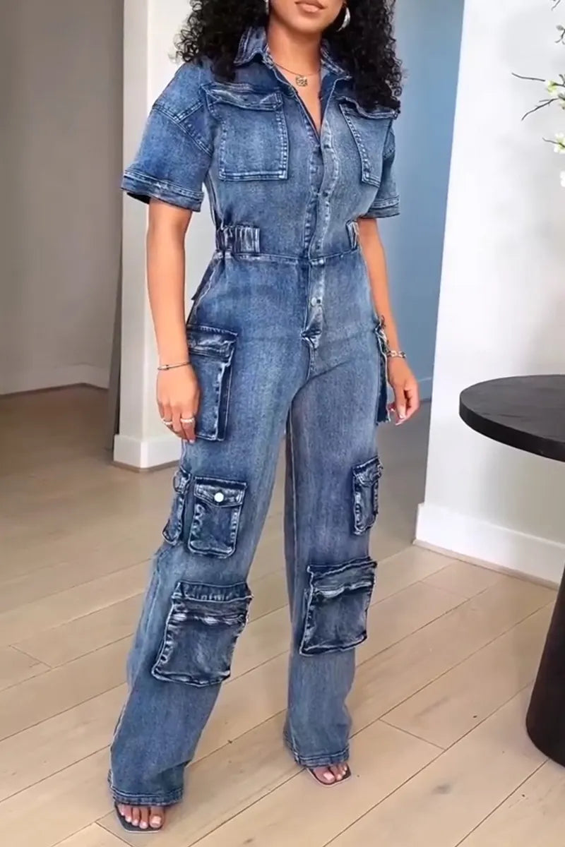 Women's Street Fashion Short-Sleeve Cargo Denim Jumpsuit
