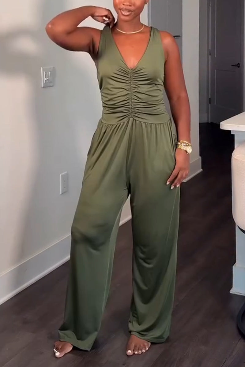 Women's Deep V-neck Solid Color Sleeveless Patchwork Casual Jumpsuit
