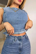 Women's Casual Open Back Design Tie Denim Vest & Jeans