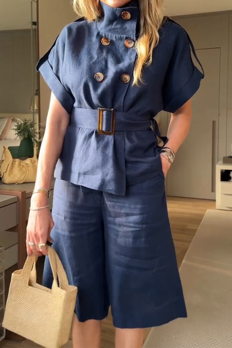 Women's Stand Up Collar Double Breasted Waist Cinched Top+ Pants Casual Suit