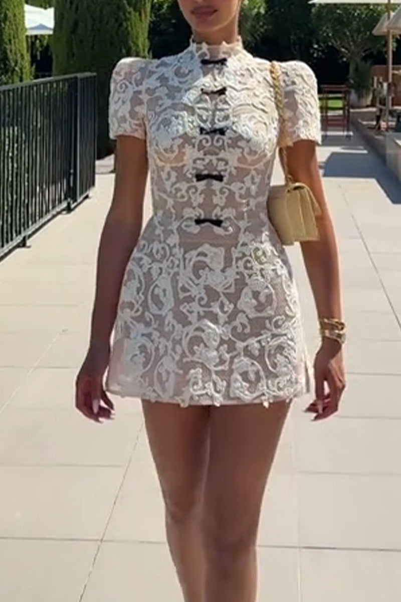 Women's Round Neck Lace Waist Cinching Elegant Temperament Dress