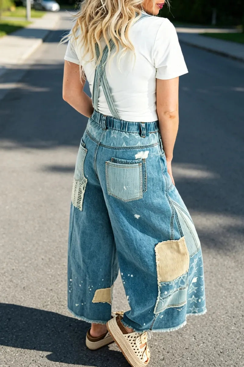 Women Shoulder Strap Patch Star Print Casual Denim Jumpsuit