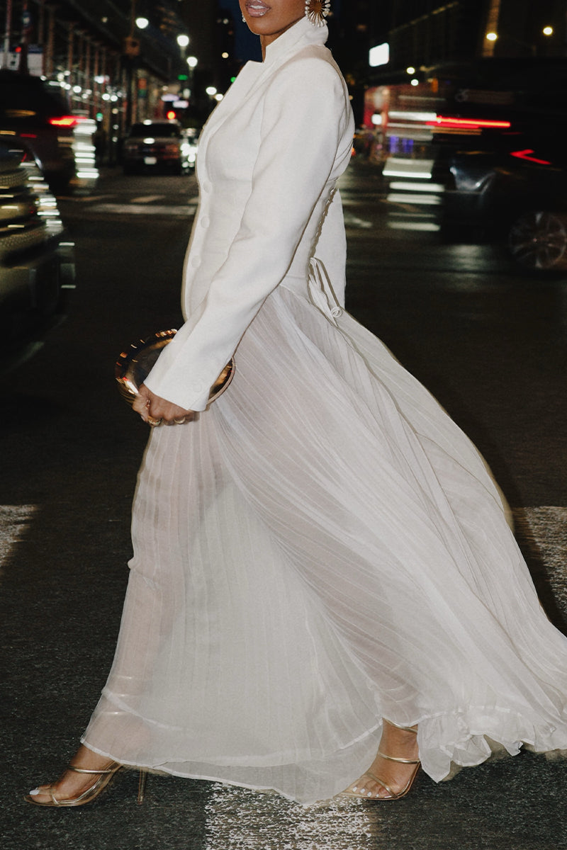 Women's Collar Patchwork Pleated Transparent Sheer Elegant Temperament Jumpsuit