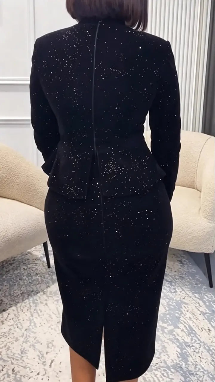 Women Round Neck Long Sleeved Nail Diamond Waist Cinching Elegant Temperament Dress