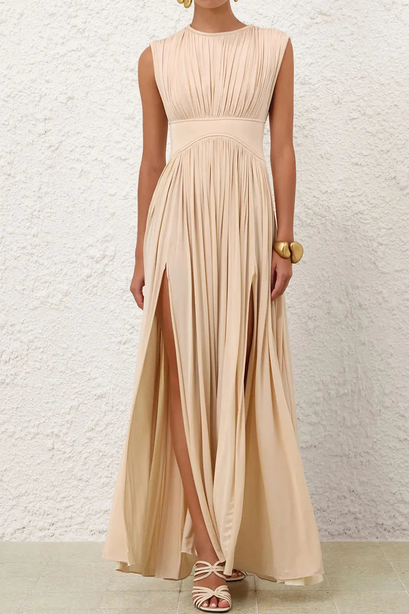 Elegant Women's Long Dress Pleated Waist Design