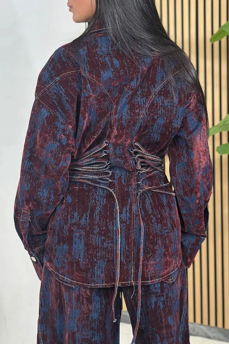 Women's Printed Contrast Lace-Up Denim Jacket And Jeans Sets