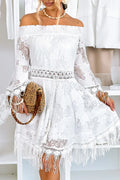 Women's Casual Off Shoulder Lace Panel Fringe Hem Dress