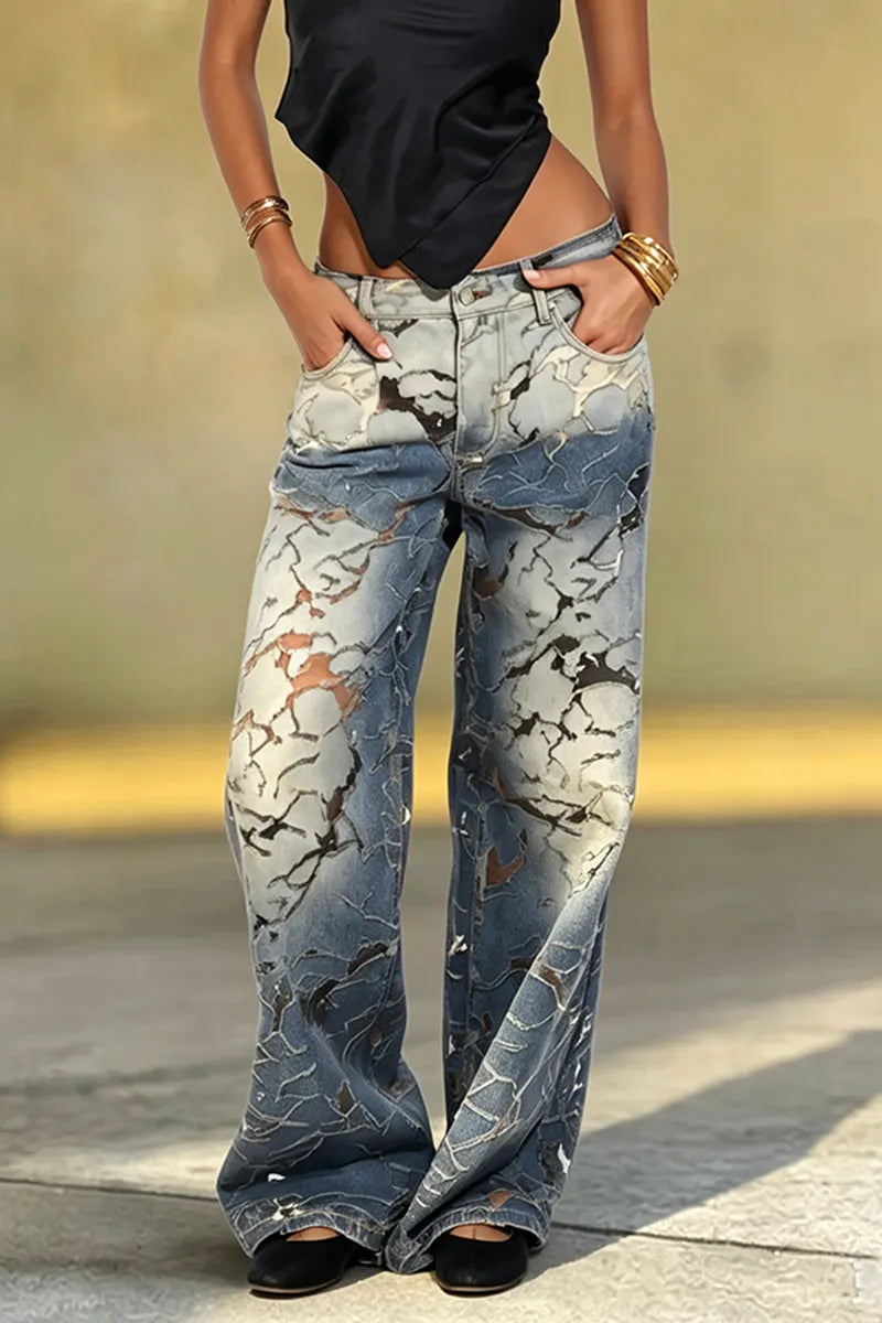 Women's Fashion Textured Wash Design Wide Leg Jeans