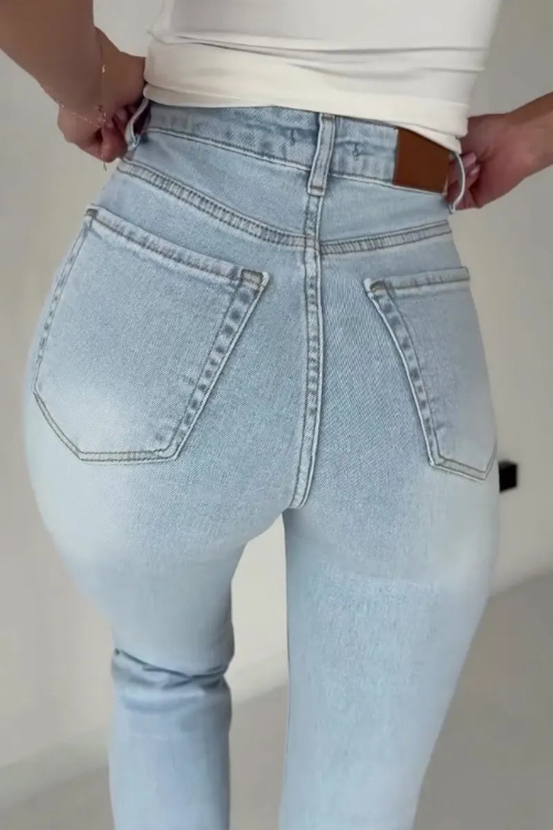Women Slim Fit Front Stitch Detail Light Blue Bootcut Denim Pants