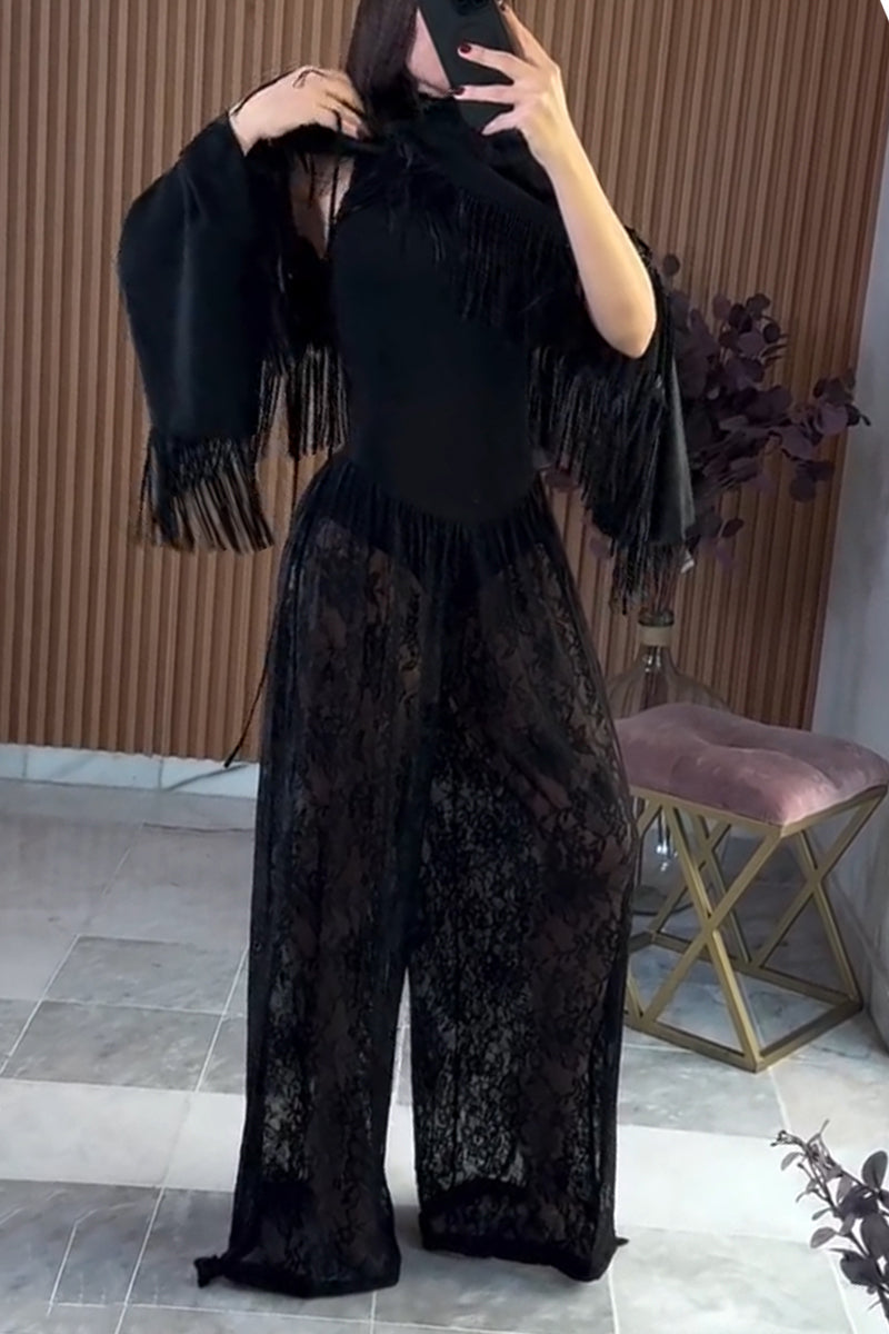 Women Round Neck Patchwork Lace Patterned Jumpsuit or Solid Color Tassel Shawl