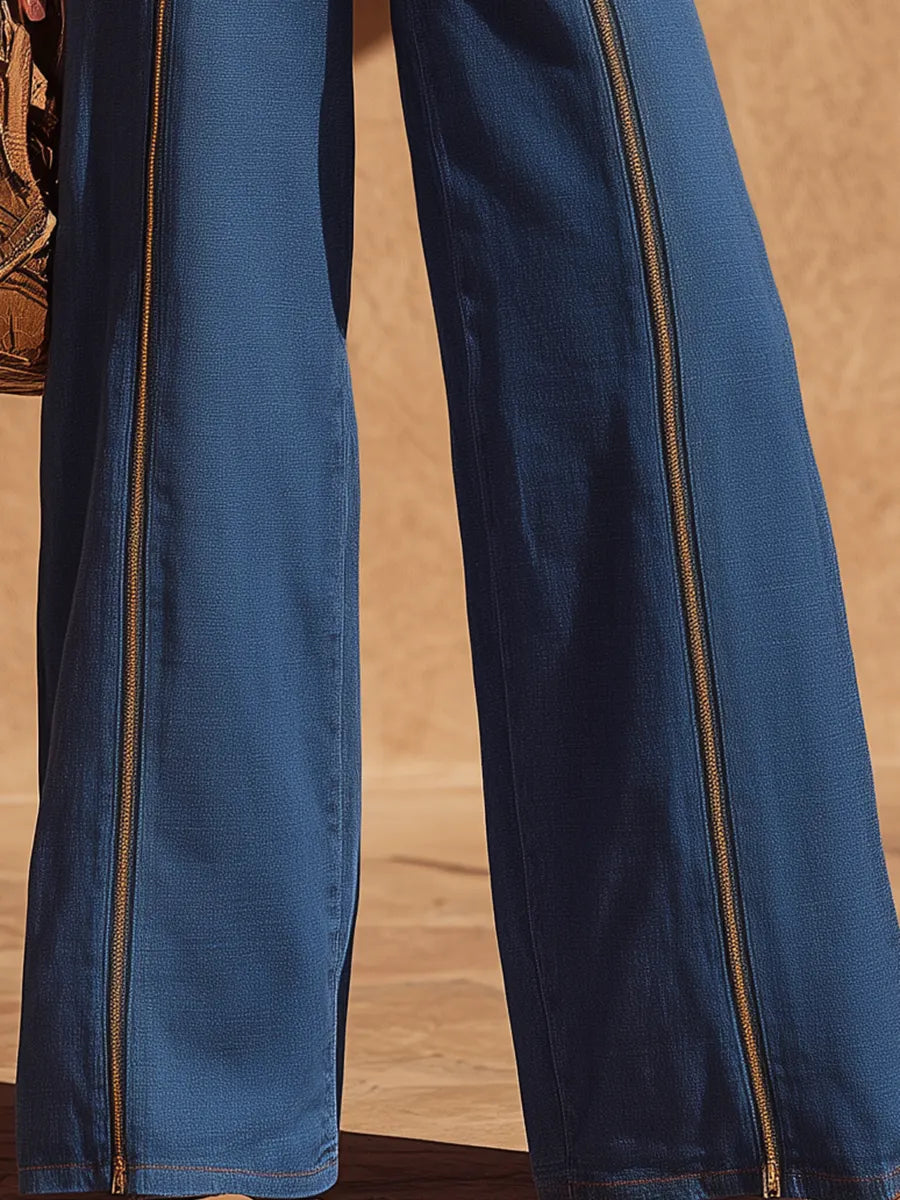 Resort-style High-waisted Denim Zipper Wide-leg Trousers