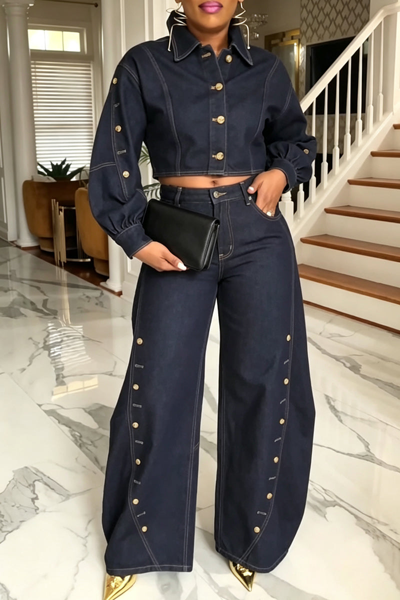 Women's Casual Button Decoration Denim Jacket or Curved Jeans