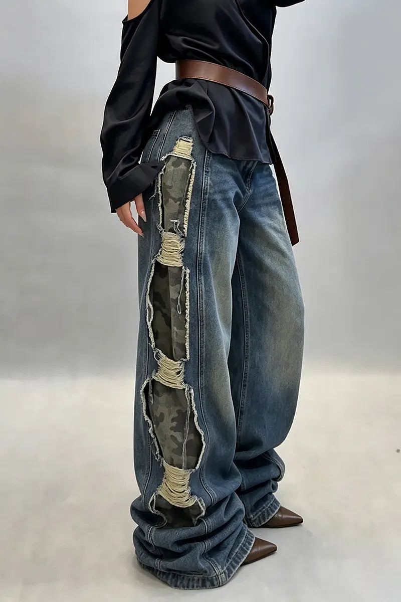Women's Street Style Side Camo Patchwork Wide Leg Jeans