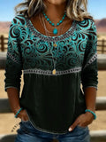 Women's Vintage Art Print Casual Hollow Denim Shirt