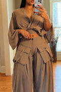 Women's Fashion Batwing Top or Detachable Pocket Wide Leg Pants