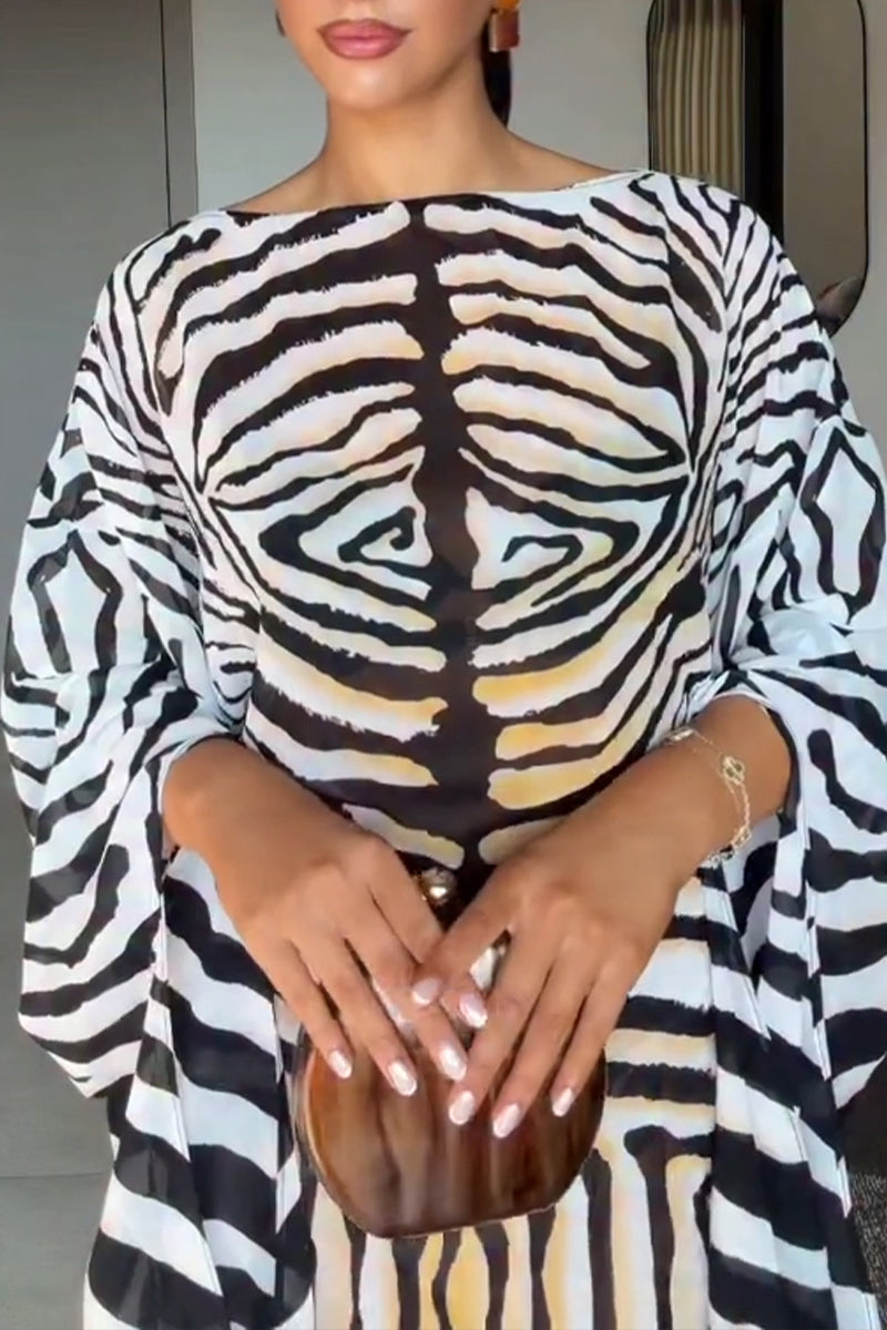 Women's Elegant Flowing Sleeve Zebra Pattern Mini Dress