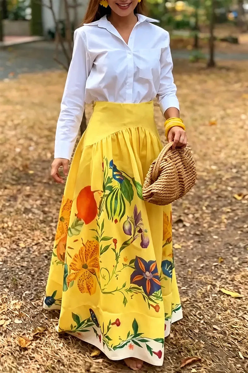 Women's Elegant Casual Collar Shirt or Printed Patchwork Skirt