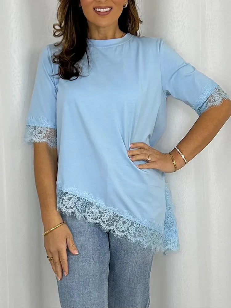 Women Round Neck Patchwork Lace Irregular Casual Top