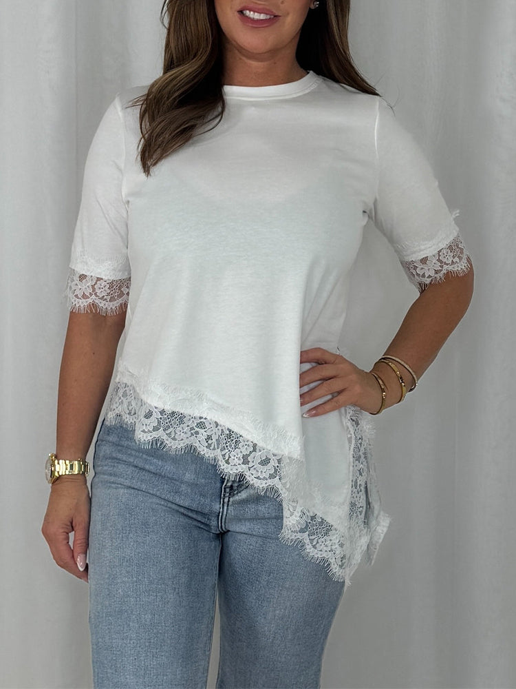 Women Round Neck Patchwork Lace Irregular Casual Top